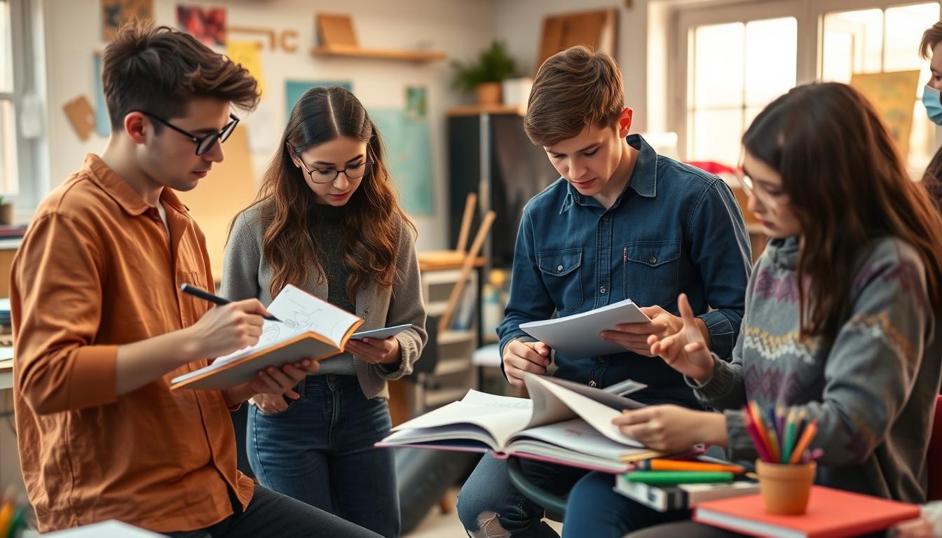 Students studying together in modern classroom